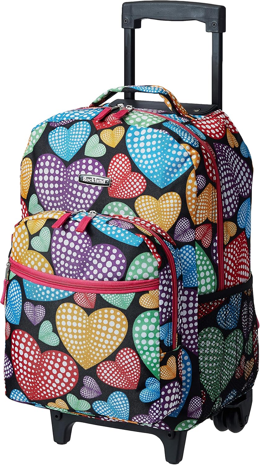 Rockland Double Handle Rolling Backpack, BLUELEOPARD, 17-Inch
