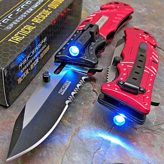 TAC-FORCE Pocket Folding Knife, 8" Overall, Two Tone Blade, LED, Rescue, EDC