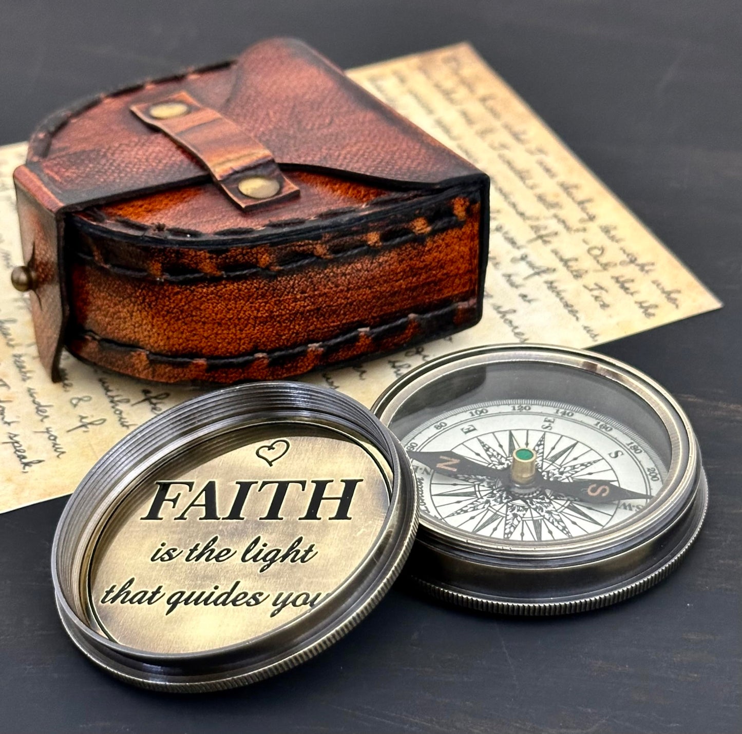 Faith Compass – Inspirational Gift for Men & Boys | Christian Baptism, Communion, Confirmation, or Graduation Present | “Faith is The Light That Guides You” Engraved | Leather Case