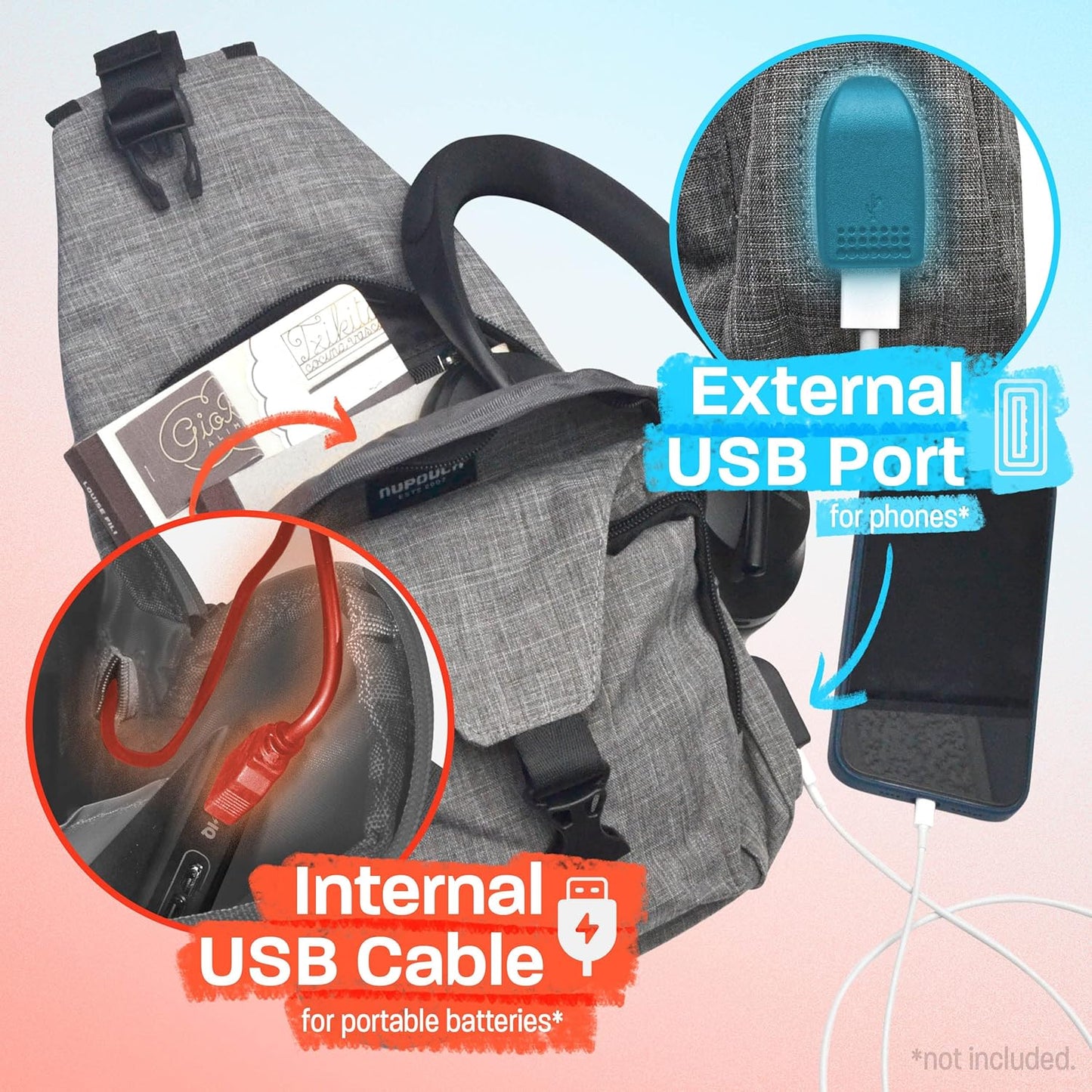 Anti-Theft Daypack Crossbody Sling Backpack, USB Charging Connector Port, Lightweight Day Pack for Travel, Hiking, Everyday, Regular, Black