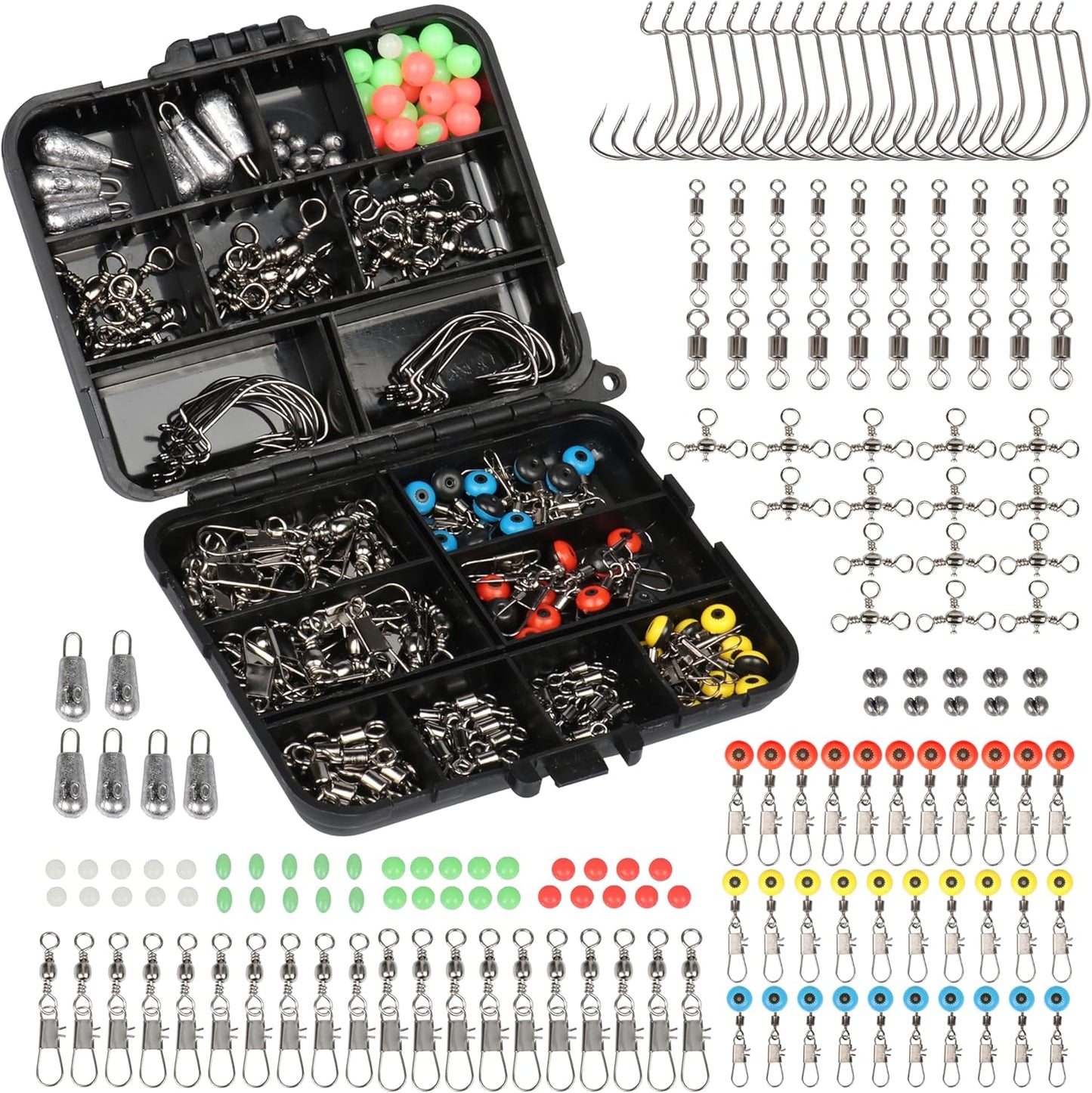 Fishing Accessories Kit, Fishing Set with Tackle Box, Fishing Hooks, Weights, Jig Heads, O-Rings, Barrel Swivels, Fastlock Snaps, Fishing Beads, Space Beans - Freshwater & Saltwater Fishing