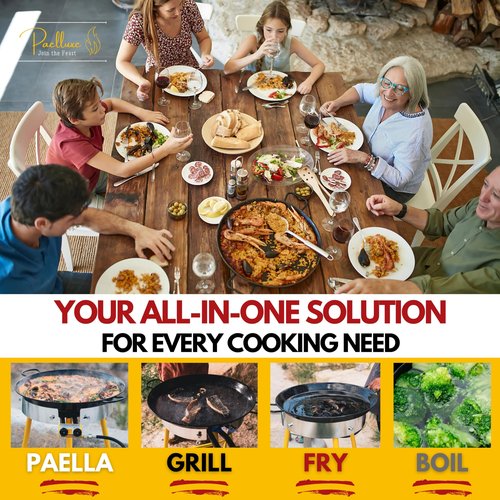 Paelluxe Paella Burner and Stand Set 12 Servings, 18 Inch Paella Pan, Dual Propane Outdoor Stove with Stand & Regulator, Portable Gas Cooker for Camping Crawfish Boil Cooking Outdoor, Paellera Propano
