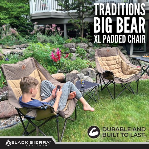 Black Sierra Deluxe Padded Camping Chair for Sports & Outdoors, Oversize XL Outdoor Folding Chair Supports 400 lbs, Heavy Duty Seat w/Dual Cup Holders/Carry Bag Perfect for RV, Tailgating, Glamping
