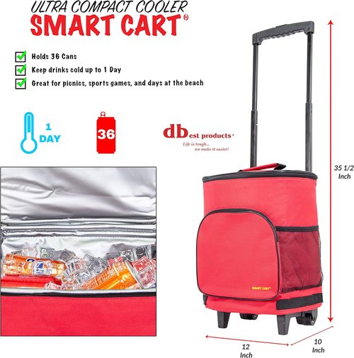 dbest products Ultra Compact Cooler Smart Cart, Red Insulated Collapsible Rolling Tailgate BBQ Beach Summer