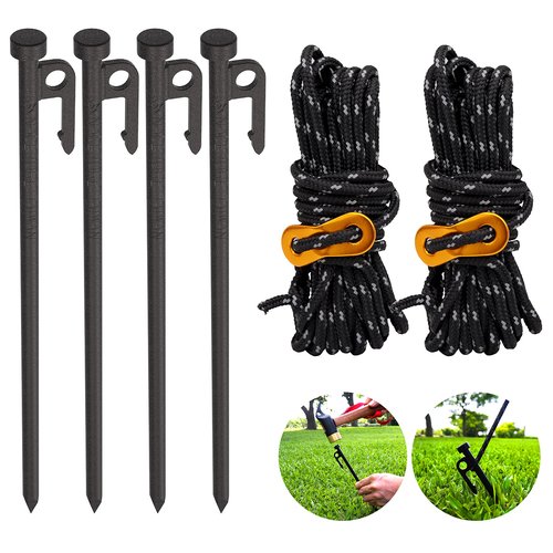Heavy Duty Tent Stake 12 Inch 4 Pack with Camp Rope Guy Lines, Yard Stakes for Canopy, Camping Stakes for Ground, Tent Pegs Thickened Reinforced Nail Heads