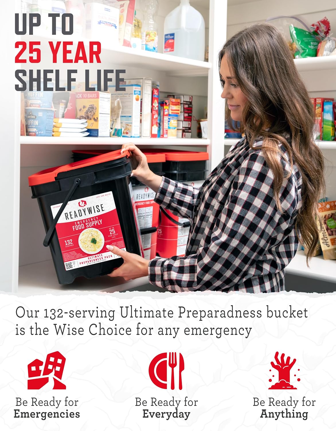 ReadyWise Emergency Food Supply - 132 Servings Survival Bucket, Dehydrated Meals for Camping & Disaster Prep, 25-Year Shelf Life