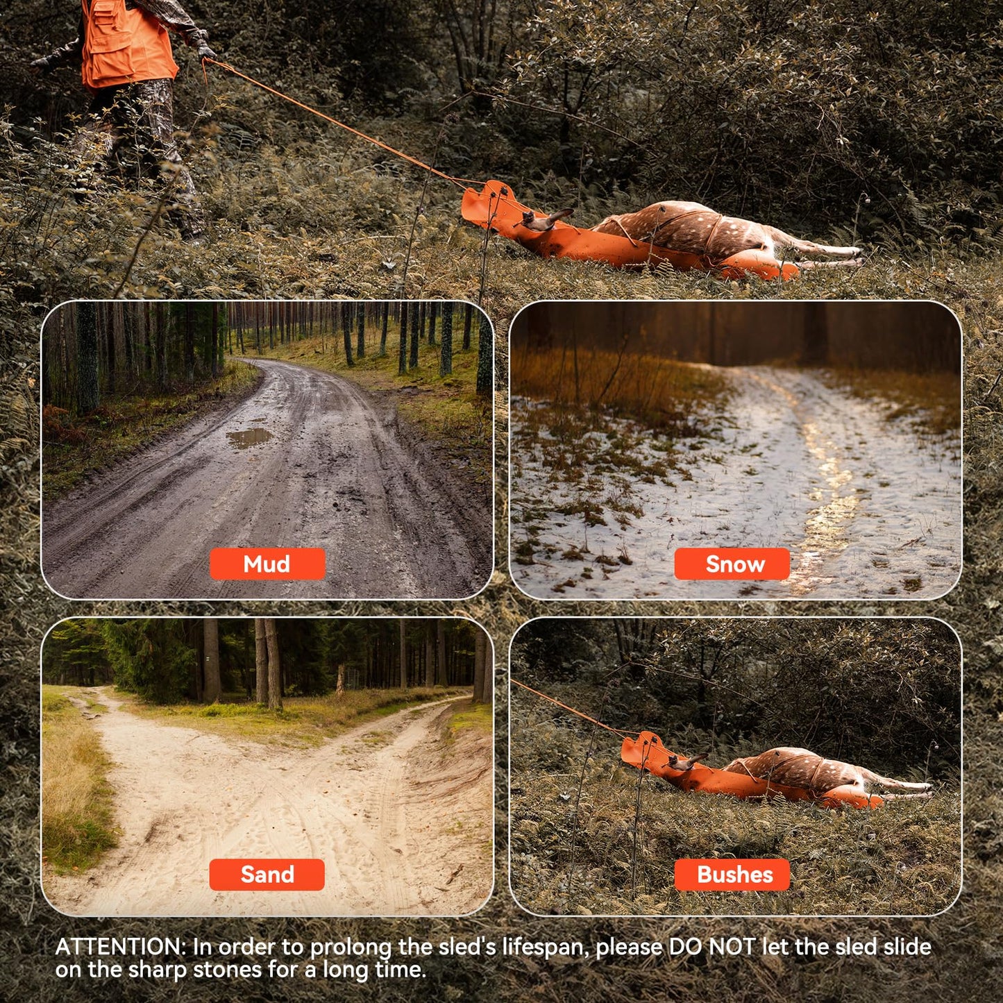 GearOZ Deer Drag Sled Thickened Game Hauler Strap Reduce Ground Friction & Transport Game Easier Heavy Duty Deer Pull Rope for Dragging Deer Cart Deer Hunting Accessories Gift for Hunters, Orange