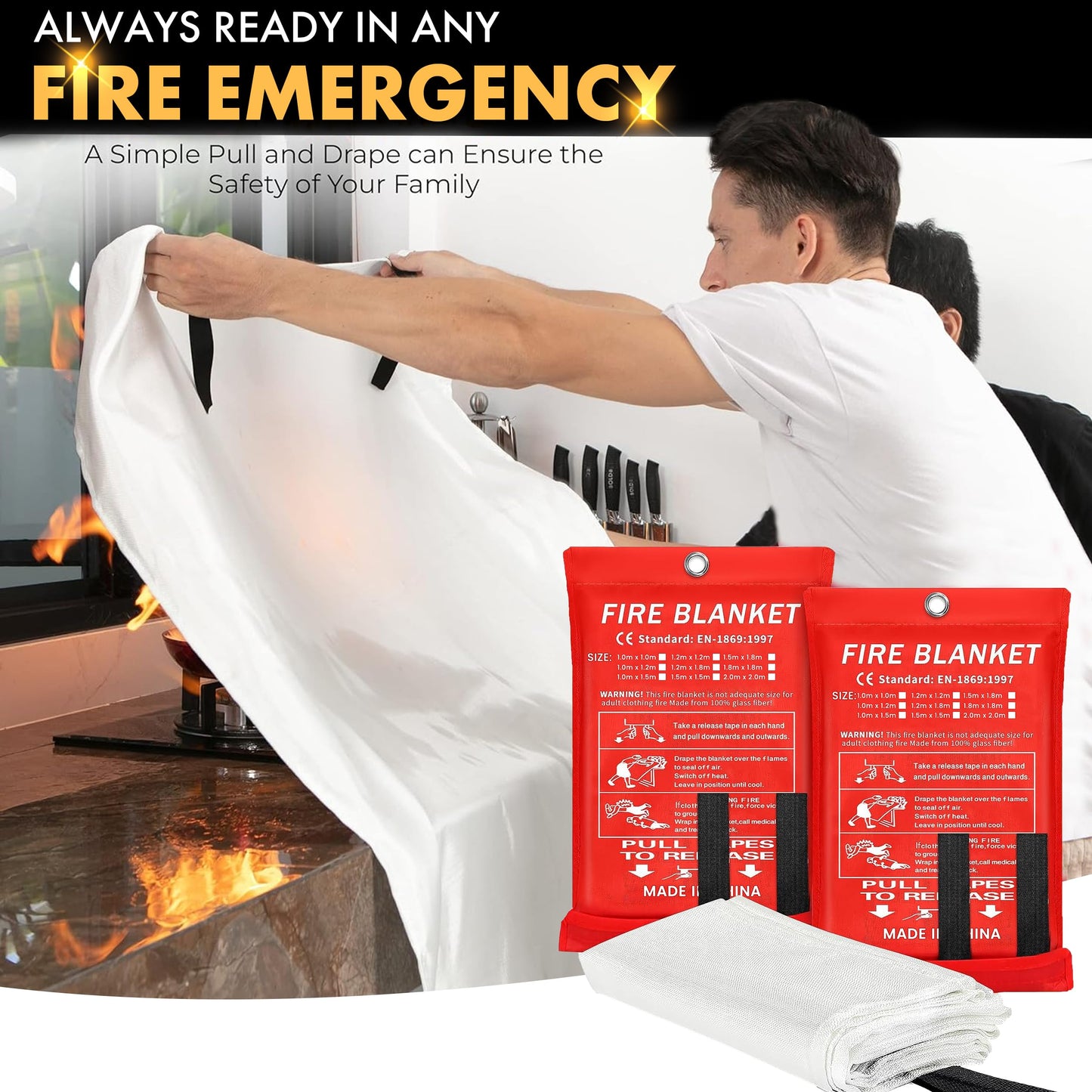 A2Z DISTRIBUTION 40”x40” Fire Blanket for Home and Kitchen, Emergency Fire Extinguisher Blanket, High Heat Resistant Fire Suppression for Home Safety Kitchen, and Camping (2)