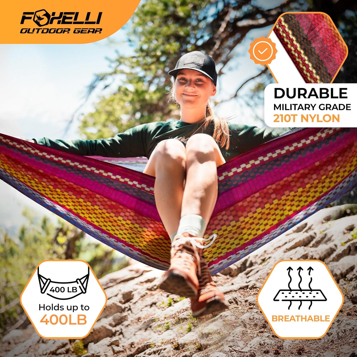 Foxelli Camping Hammock - Lightweight Portable Hammock, Easy Setup with Tree-Friendly Ropes & Steel Carabiners, Heavy Duty Parachute Nylon for Indoors and Outdoors