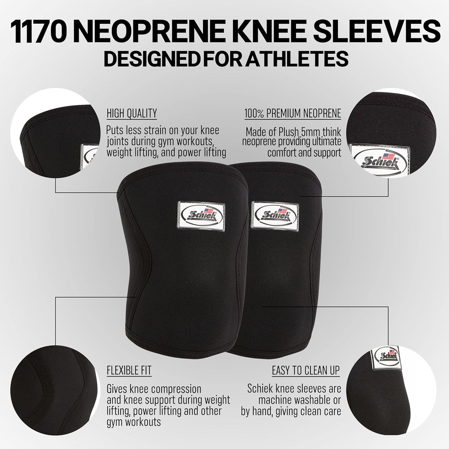 Schiek Sports Model 1170 Knee Sleeves - 5mm Neoprene Knee Compression Sleeves for Weight Lifting