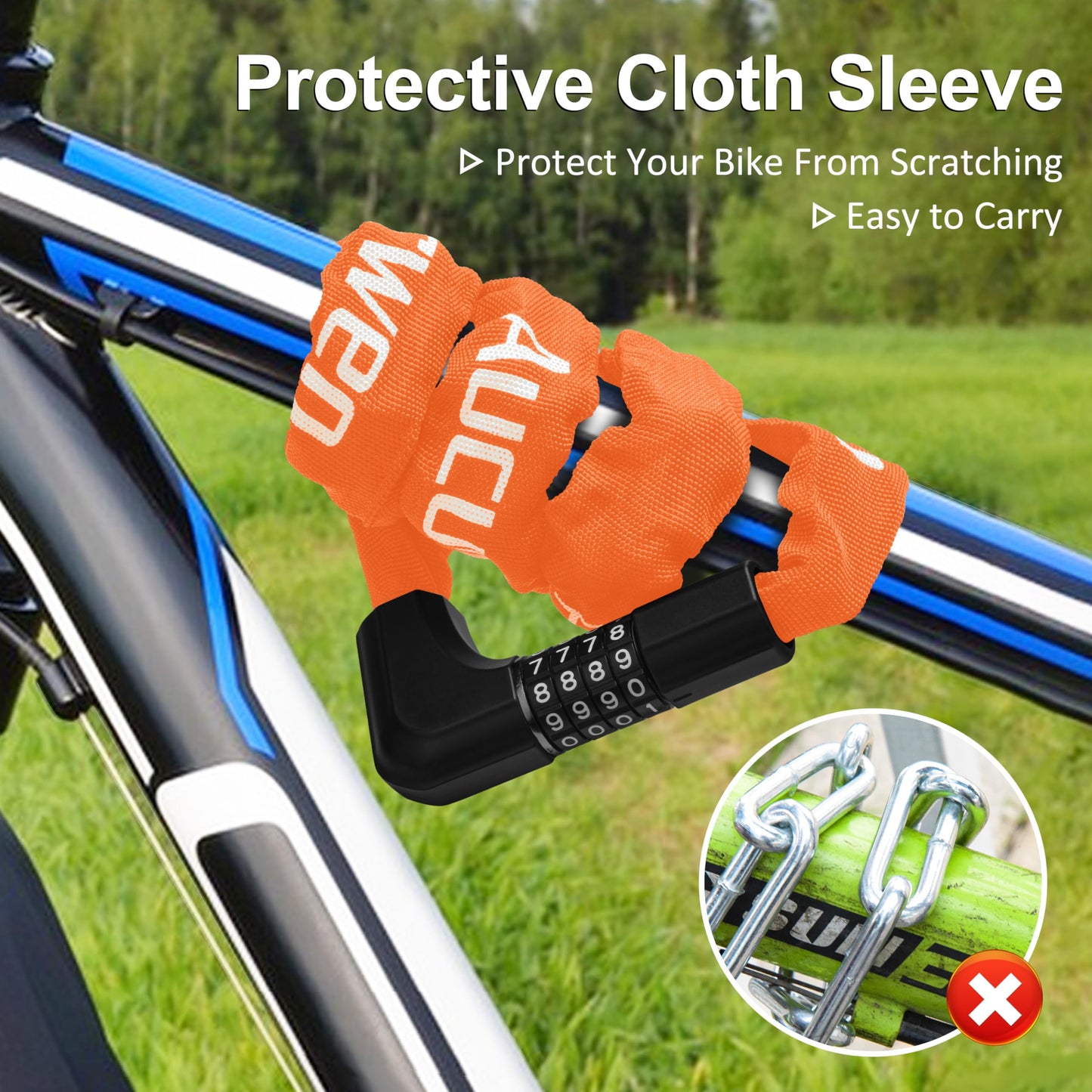 Aucurwen Bike Chain Lock, 3.2FT/4FT Combination & Keys 4-Digit Anti Theft Heavy Duty Bike Lock, Security Resettable Bicycle Lock for Bike, Bicycle, Electric Bike (Orange, 3.2FT Long, 6mm Thick)