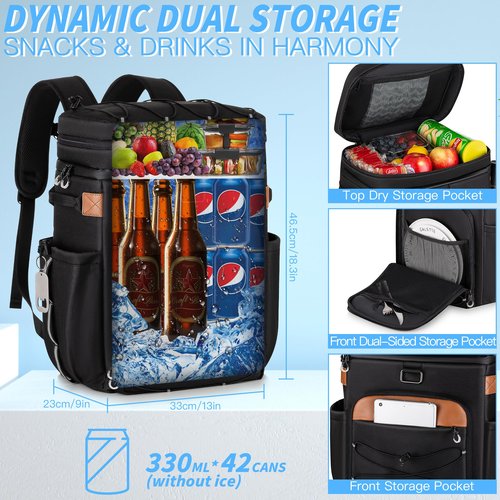 BAOXA Cooler Backpack with Insulated Waterproof Cover (Extra), 42 Cans Backpack Coolers Insulated Leak Proof, Large Portable ice Chest Backpack for Camping Picnic Beach (Black)