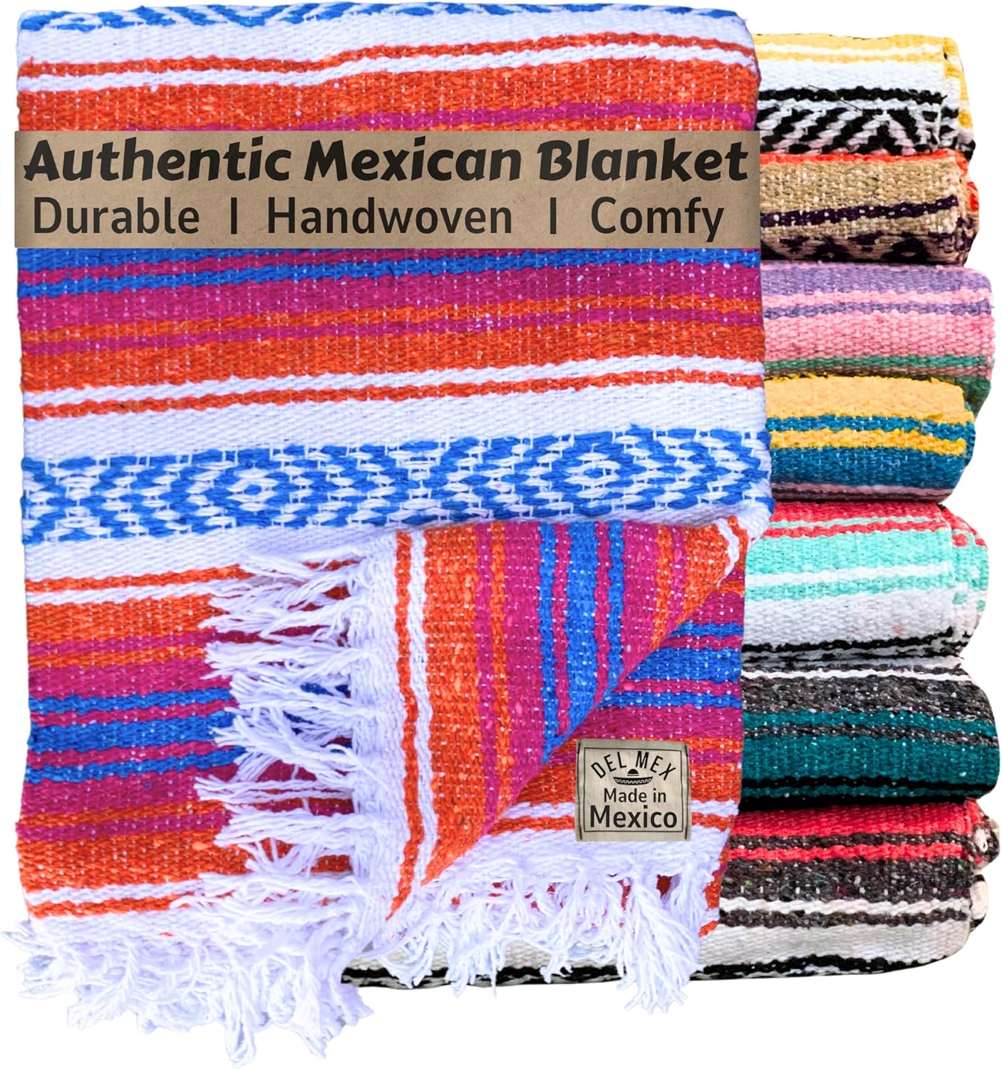 Authentic Del Mex Large Mexican Blanket - Woven Falsa Throw (70"x50") for Beach, Yoga & Outdoor Decor - Pink/Tan