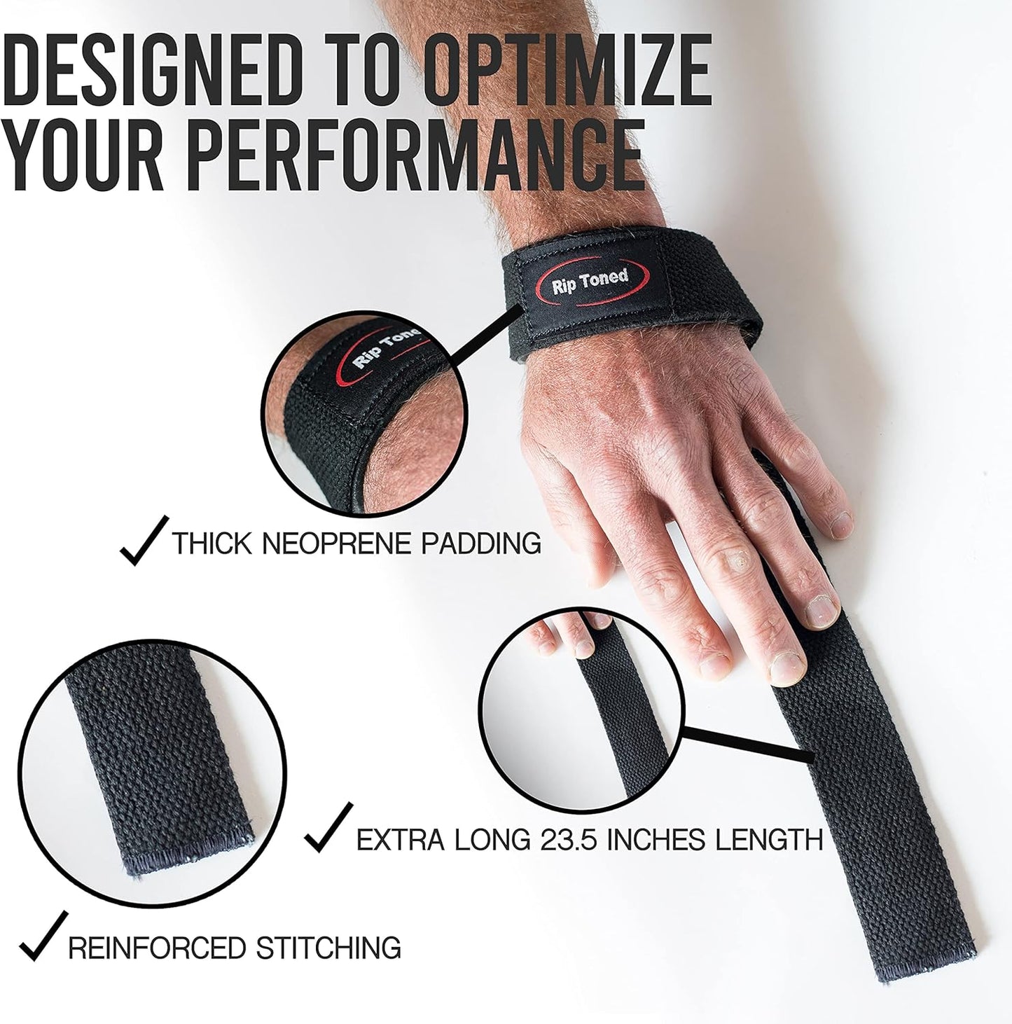 Rip Toned Performance Wrist Straps For Weightlifting - 23" Weight Lifting Straps for Men, Women (Padded) - Cotton Gym Wrist Wraps for Deadlift, Strength Training, Powerlifting, Bodybuilding