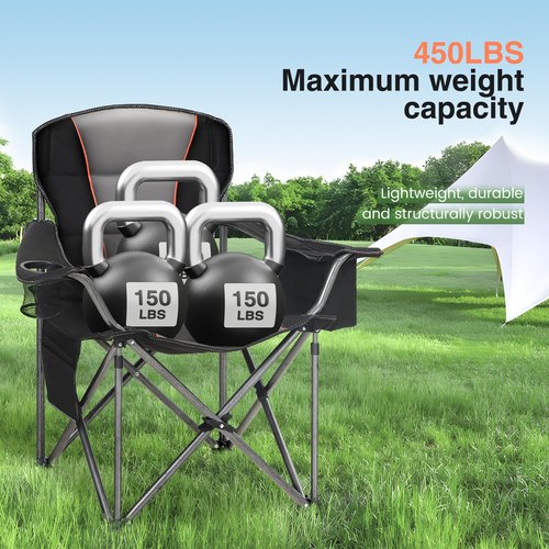 HIGH POINT SPORTS Oversized Camping Folding Chair, Heavy Duty Portable Lawn Chairs, Folding Chairs for Outside with Cup Holder and Cooler Bag for Camp, Travel, Support 450 LBS, 2 Pack, Black