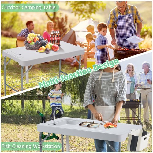 Dragosum Outdoor Sink Fish Cleaning Table Portable Camping Table with Faucet Hose Hook Up Grid Rack, Fish Fillet Camping Sink Table with 7pc Fish Cleaning Kit for Picnic Beach Patio(Grey)