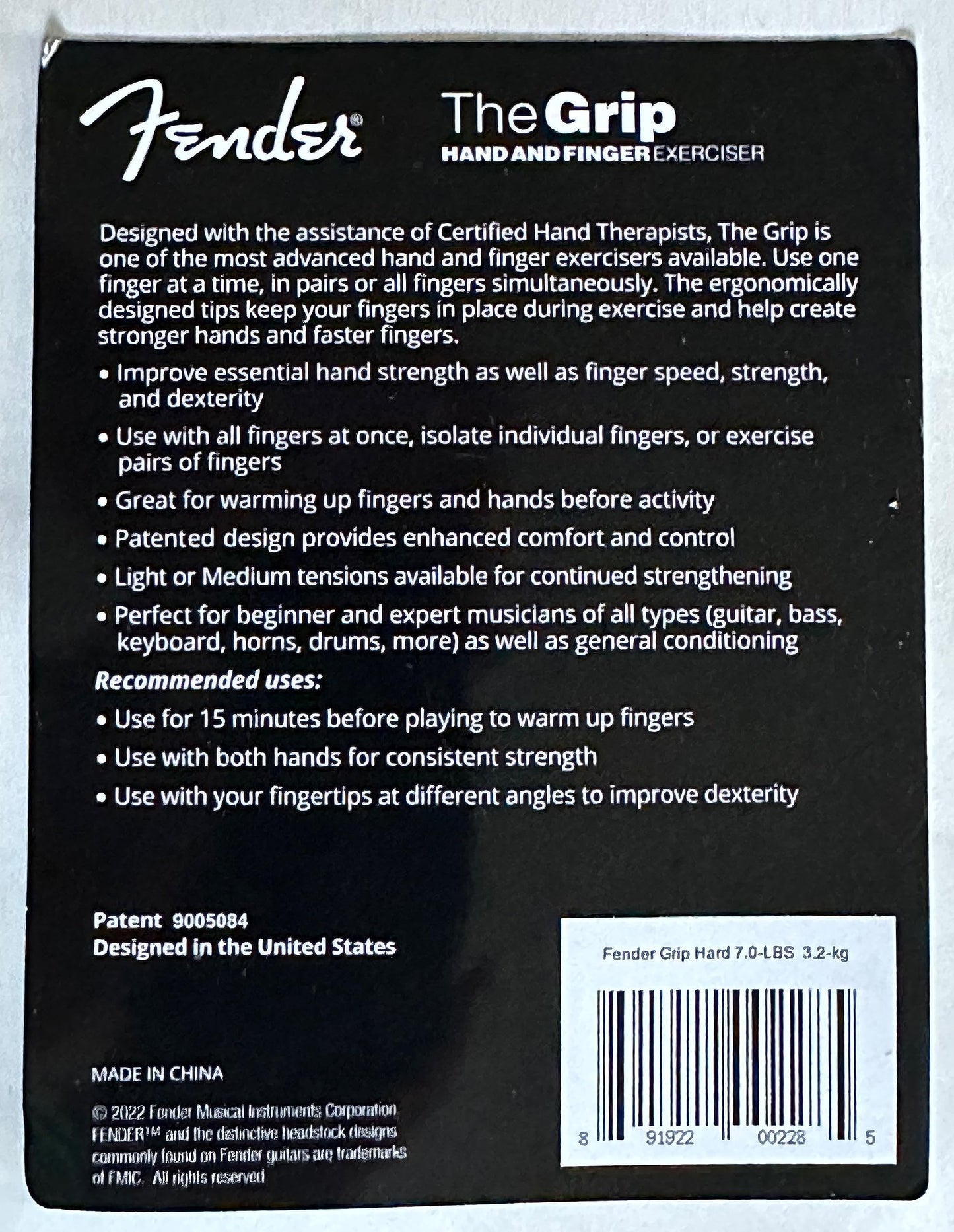 Fender GRIP Hand and Finger Exerciser (Hard - 7lbs / 3.2kg) – Best Ergonomic Finger Strengthener to improve play on all stringed instruments (Guitar, Bass, Violin, etc.)