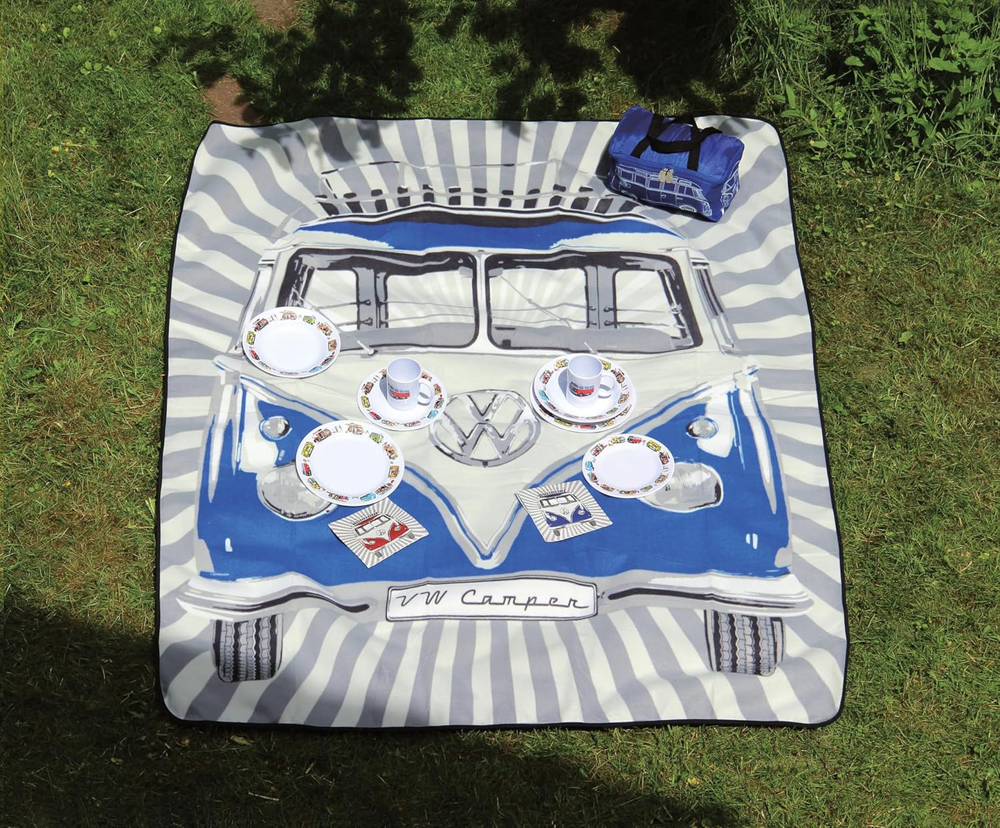 BRISA VW Collection - Volkswagen Picnic Cuddle Throw Blanket T1 Bus Campervan (Samba Stripes/Blue/200x150cm/59x78.7 in.)