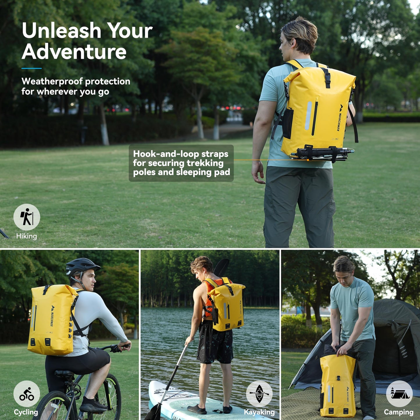 MARCHWAY Roll Top Waterproof Backpack, Floating Dry Bag 20L/30L/45L with Ergonomic Rectangular Base, Cushioned Back, Hip Strap for Hiking Camping Kayaking Travel (Yellow, 20L)