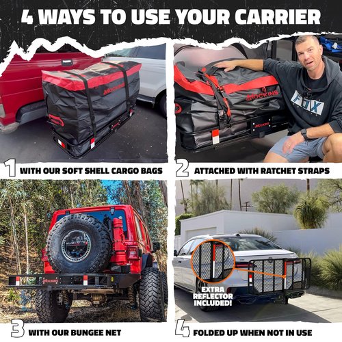 Mockins 48"x18"x6" Folding Hitch Cargo Carrier & 15 CuFt Waterproof Cargo Bag for Truck Bed w/ 4 Packing Cubes | Weatherproof 500 lbs Cap Car Trailer Hitch Rack for SUV, Truck, Van & RV w/Accessories