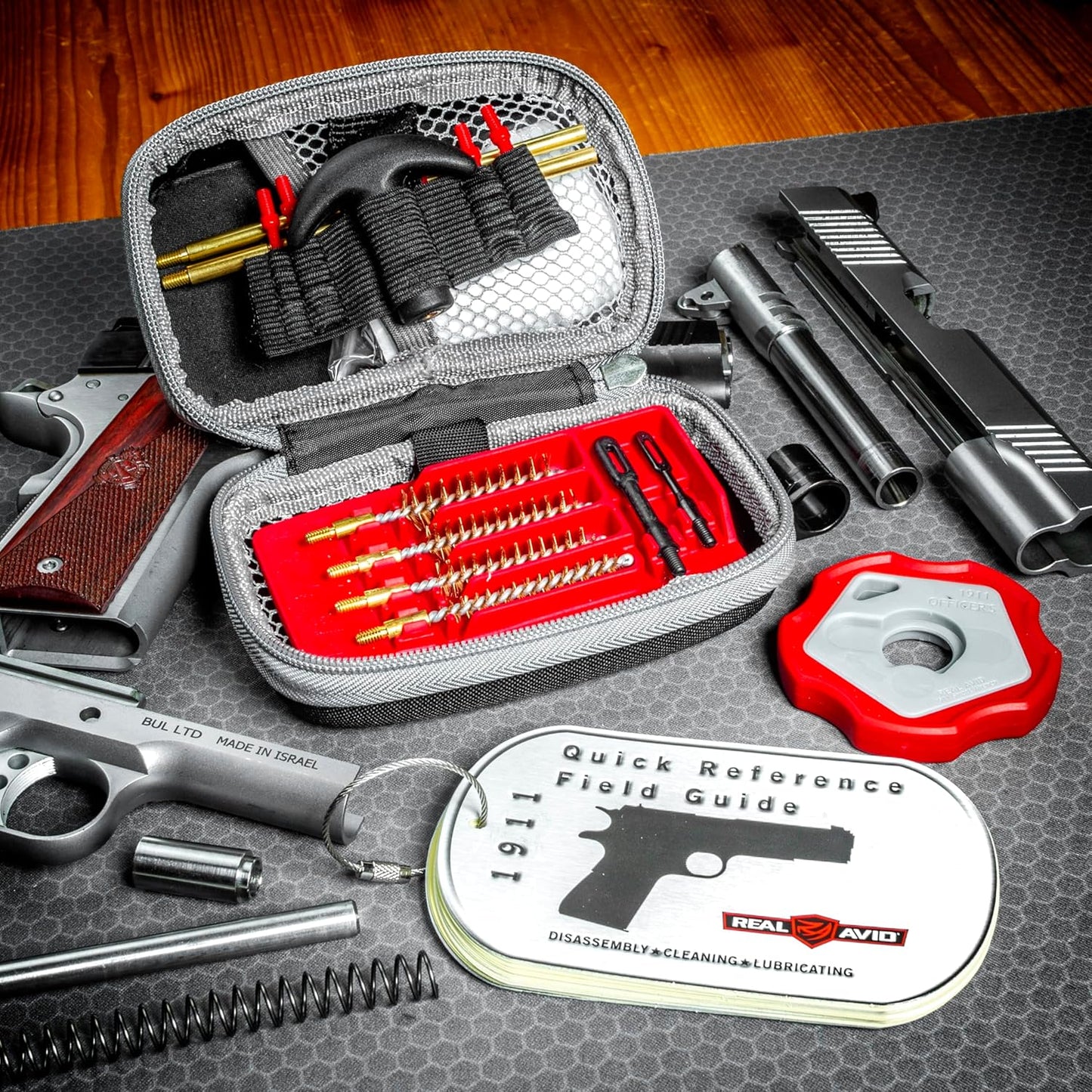 Real Avid Pistol Cleaning Kit 1911 Accessories | 1911 Bushing Wrench Takedown Tool 45 ACP Caliber 22 38 9MM 40 45 Cal Gun Tools & 1911 Field Guide | 9mm Cleaning Kit w/ Gun Cleaning Brush Rods Patches