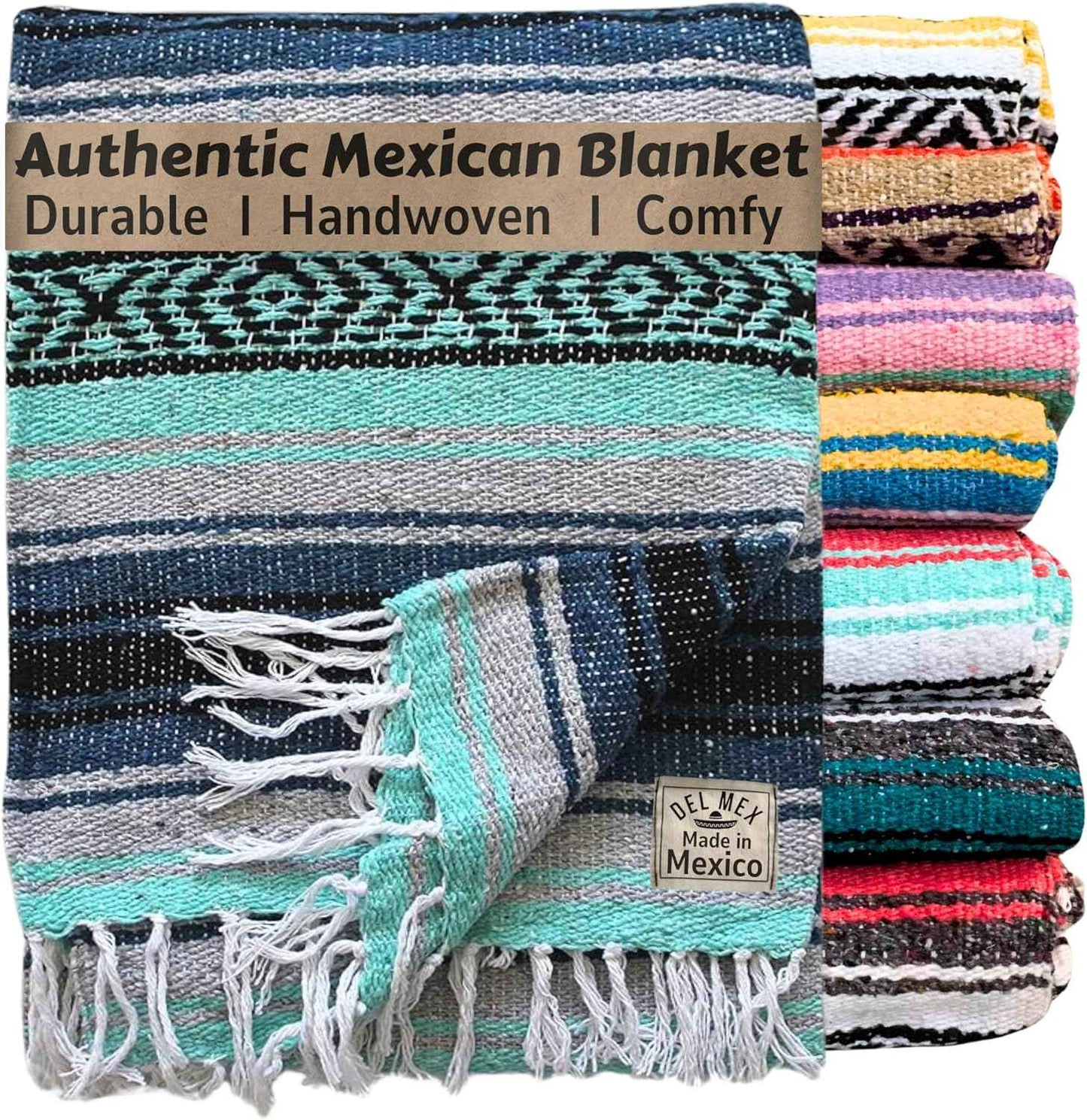 Authentic Del Mex Large Mexican Blanket - Woven Falsa Throw (70"x50") for Beach, Yoga & Outdoor Decor - Pink/Tan