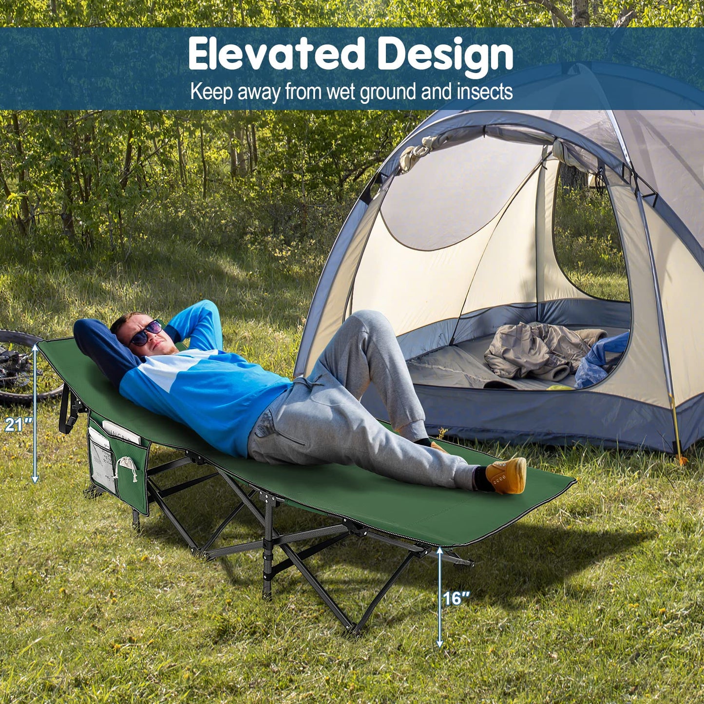 Goplus Folding Camping Cot, 27.5" Sleeping Cot for Adults with Carry Bag, 600LBS Weight Capacity, Slanted Head, Side Pocket, Heavy Duty Portable Camping Bed for Kids, Beach, Office Snap (Green)