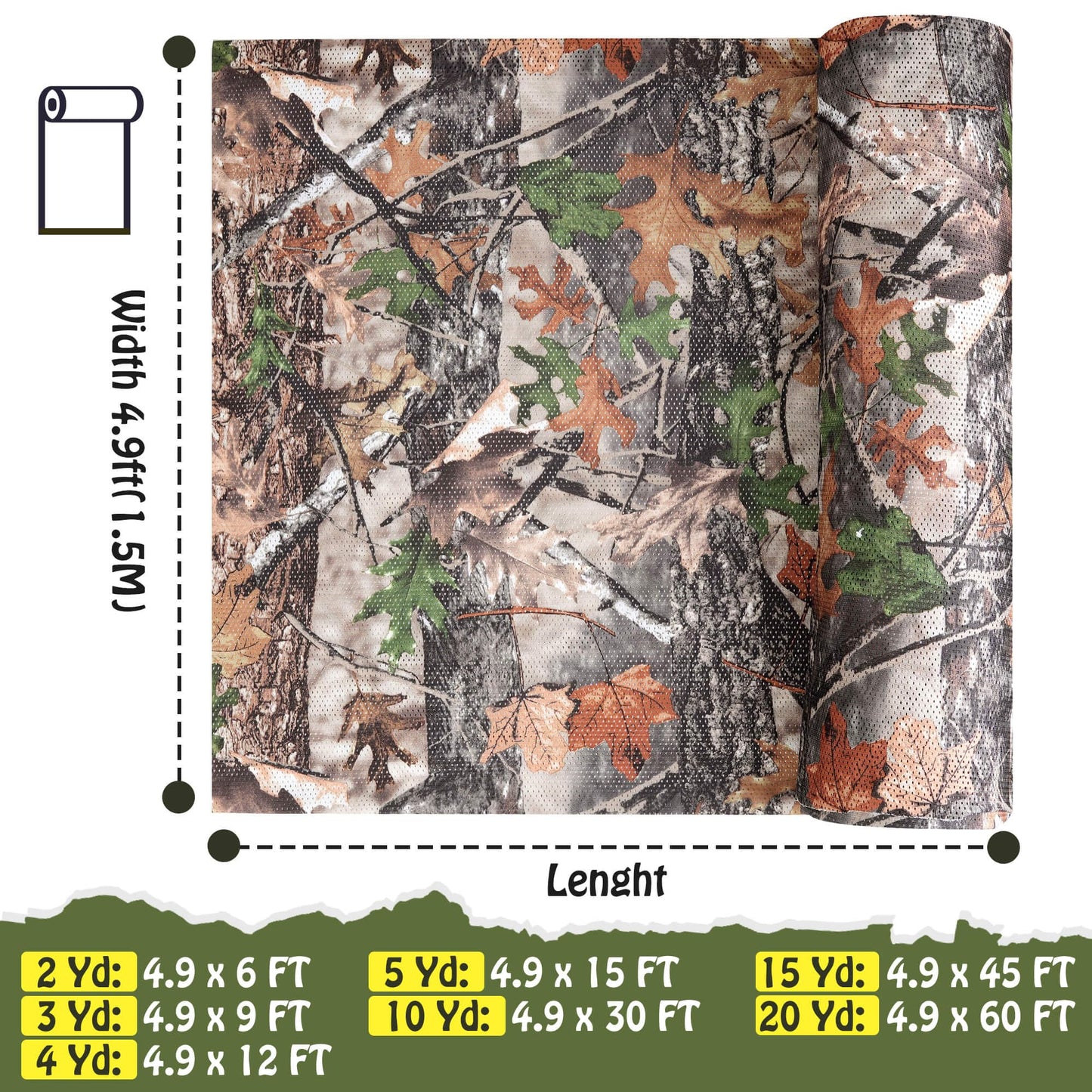 300D Camo Netting, Double-Sided Available Durable Camouflage Netting, Quiet Camo Mesh Netting, for Concealment, Hunting, Tree Stand, Shooting Blinds, Car Cover and Photography(Leaf & Dry Grass, 2Yd)