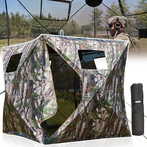 YOLENY 270° See Through Blind for 2-3 Person, Portable Pop Up Ground with Carrying Bag - Resilient Tent, Zip Door & Silent Windows for Deer & Turkey Hunting