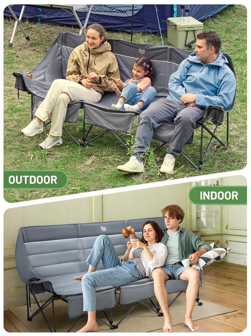 TIMBER RIDGE Padded 3 Person Camping Chair Supports to 1050lbs, Portable Camp Couch Double Camping Chairs, Outdoor Oversized Folding Loveseat Perfect for Campsites, Patio/Lawn, Soccer Games, Grey