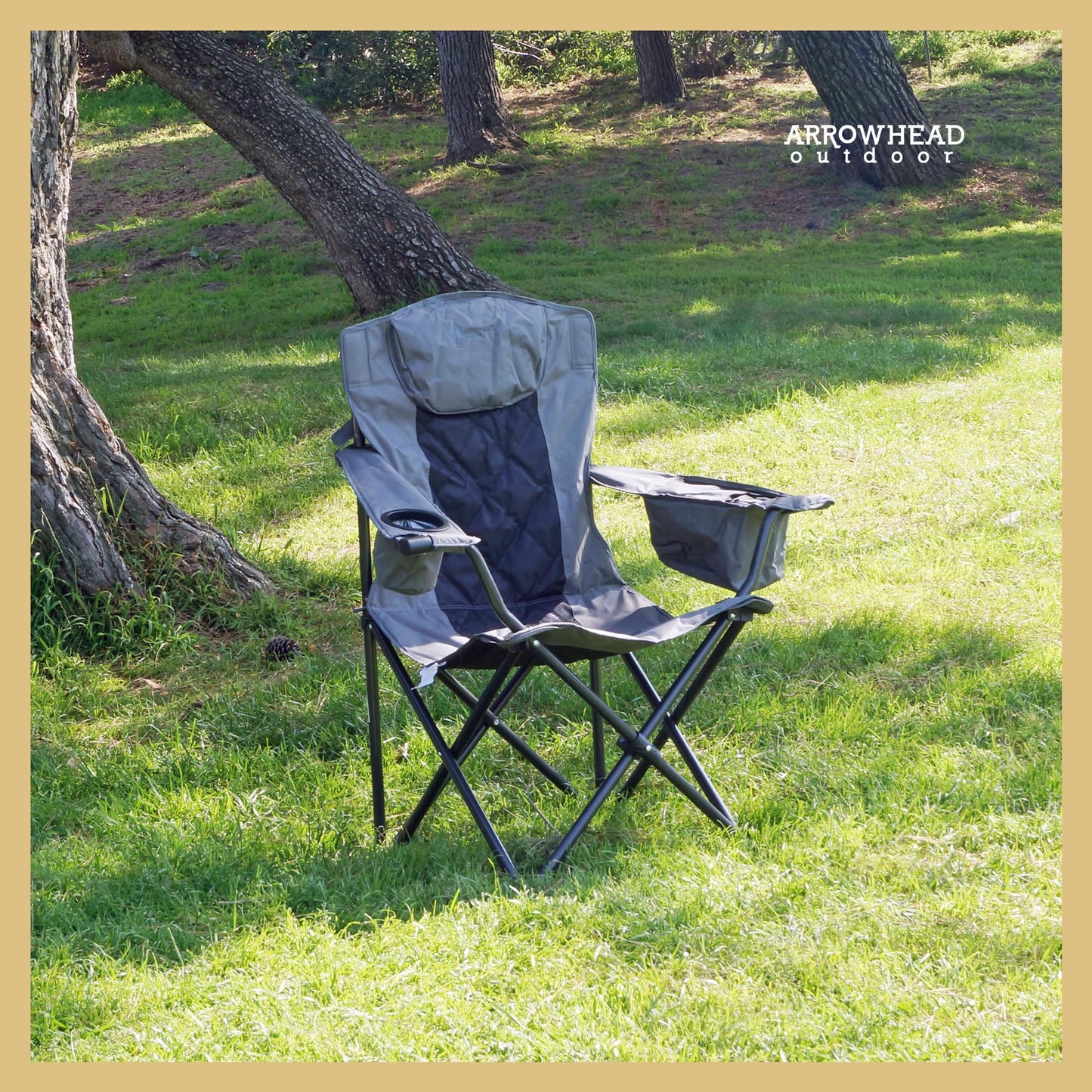 ARROWHEAD OUTDOOR Portable Deluxe Folding Camp Quad Chair w/Headrest, Glass & Cup Holders, Armest 6-can Cooler, Heavy Duty Carry Bag, 550 lbs Weight Capacity