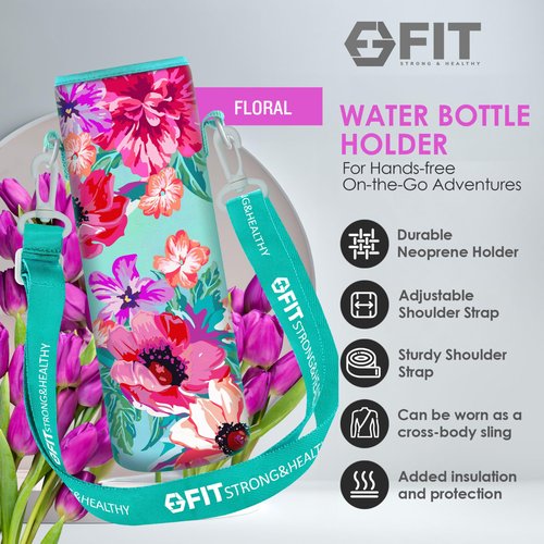 Water Bottle Holder with Strap for Walking & Cleaning Brush Set - Insulated Water Bottle Carrier with Strap, Neoprene Sleeve with Adjustable Shoulder Strap & Silicone Water Bottle Brush (Floral)