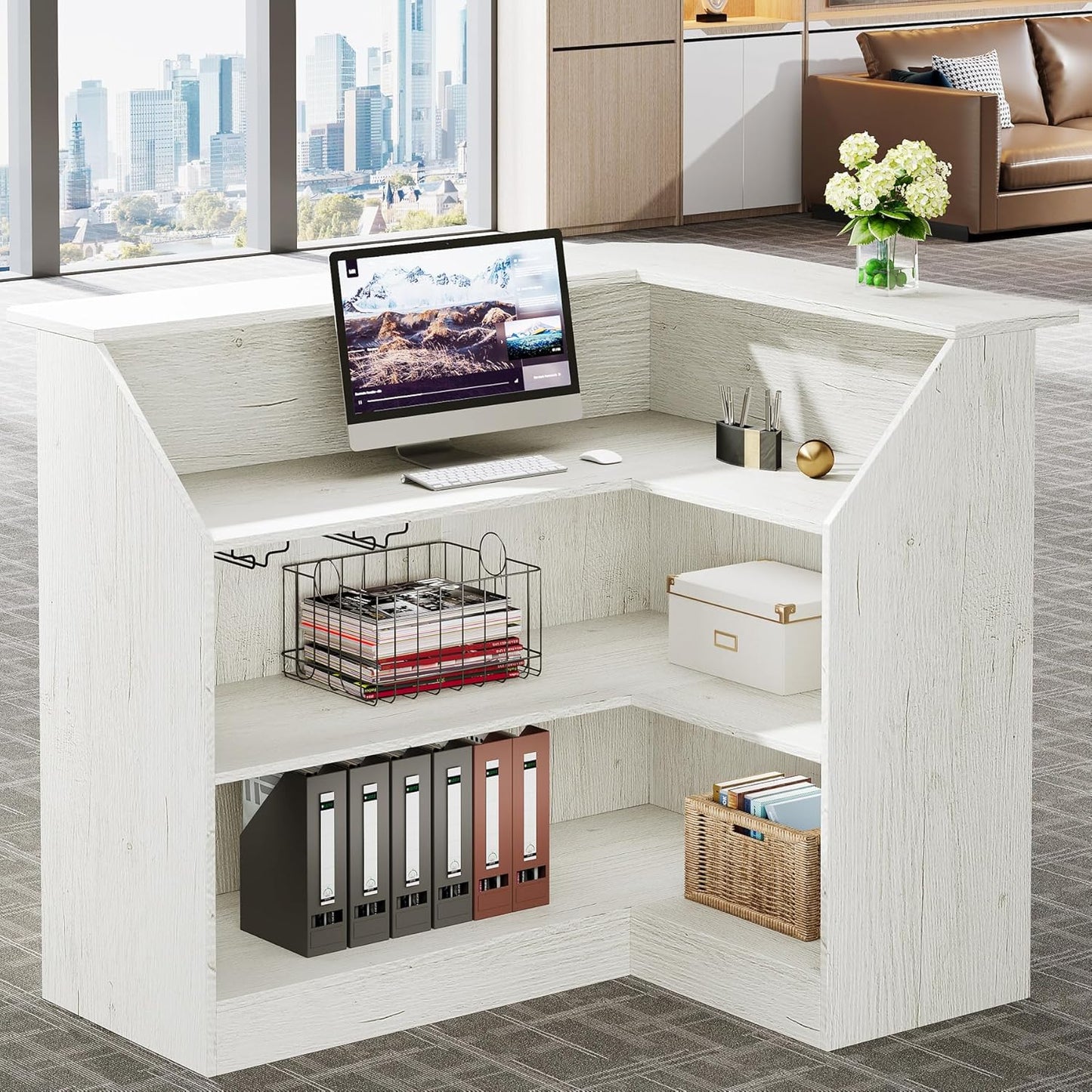 Tribesigns Reception Desk with Storage Shelves, L-Shaped Modern Front Desk, Reception Counter Table for Small Office, Salon, Checkout Office, Black