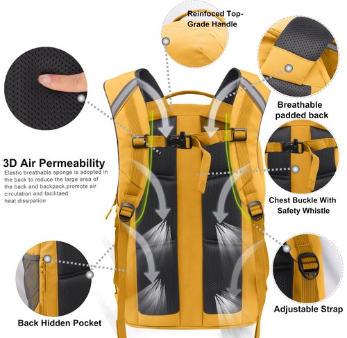 KEOFID Casual Backpack for Men and Women, Hiking Backpack for Travel, Black Daypacks for Sports, College, Water Resistant(Yellow)