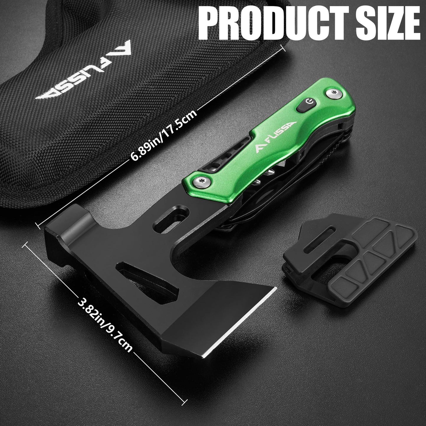 FLISSA Camping Axe Hammer 14-in-1 Multitool, Gift for Dad, Hatchet Multi Tool Stainless Steel with LED Light, EDC Hiking Survival Multi Function Tool Pocket Knife with Sheath