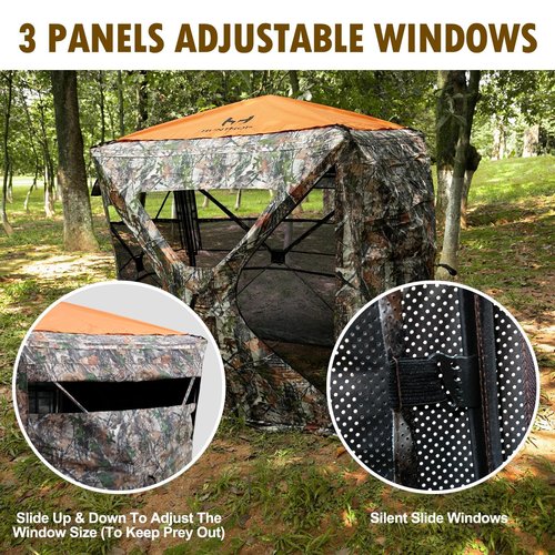 Hunthor Hunting Blind for 2-3 Person, 360 Degree See-Through Ground Blind with Silent Zipper and Orange Top, Portable Pop-Up Tent for Deer and Turkey Hunting with Carry Bag
