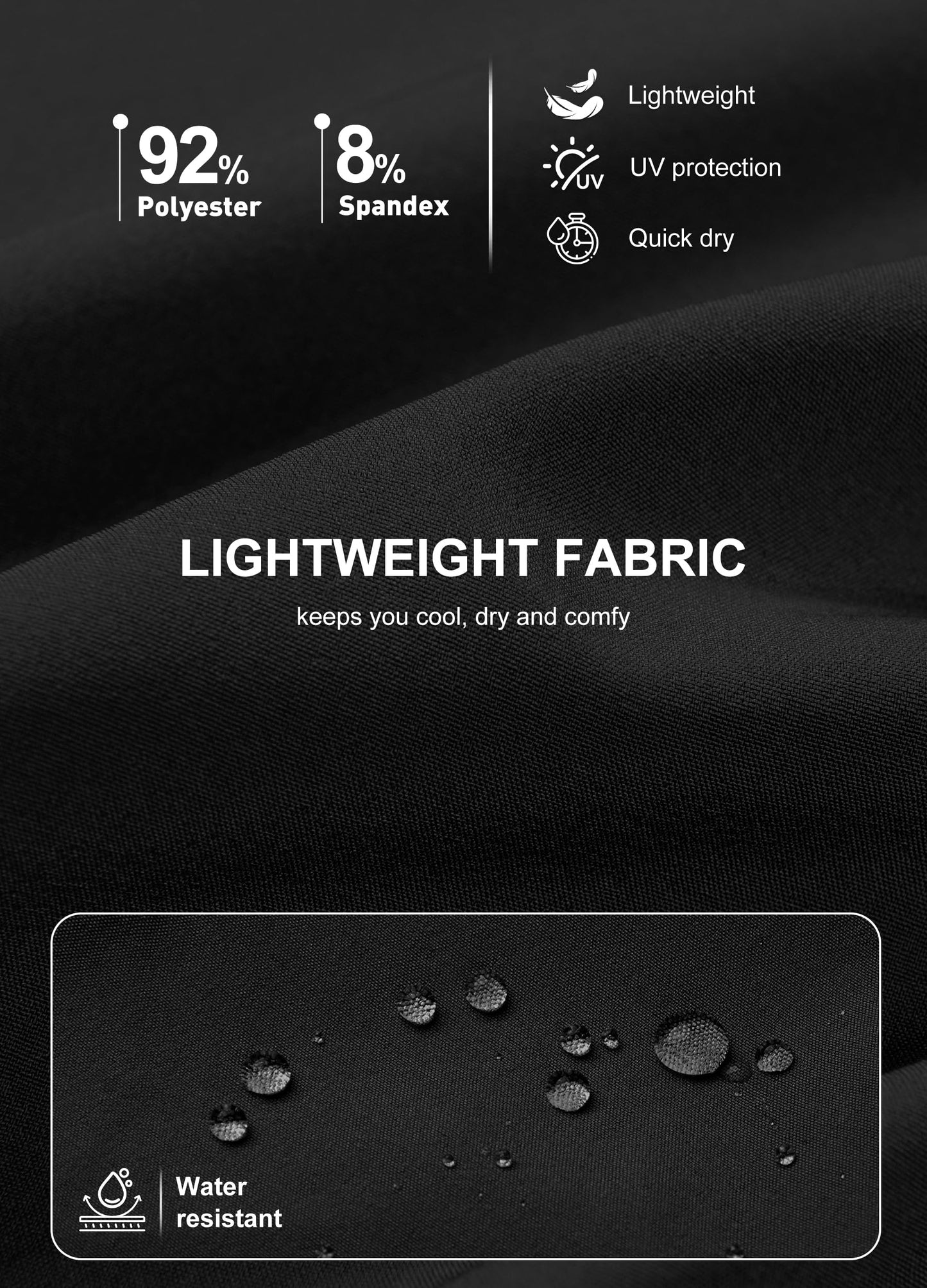 Men's Elastic Waist Hiking Pants Lightweight Quick Dry Cargo Track Pants Water Resistant Travel Outdoor Sweatpants Jogging Athletic Clothes with Zipper Pockets Black L