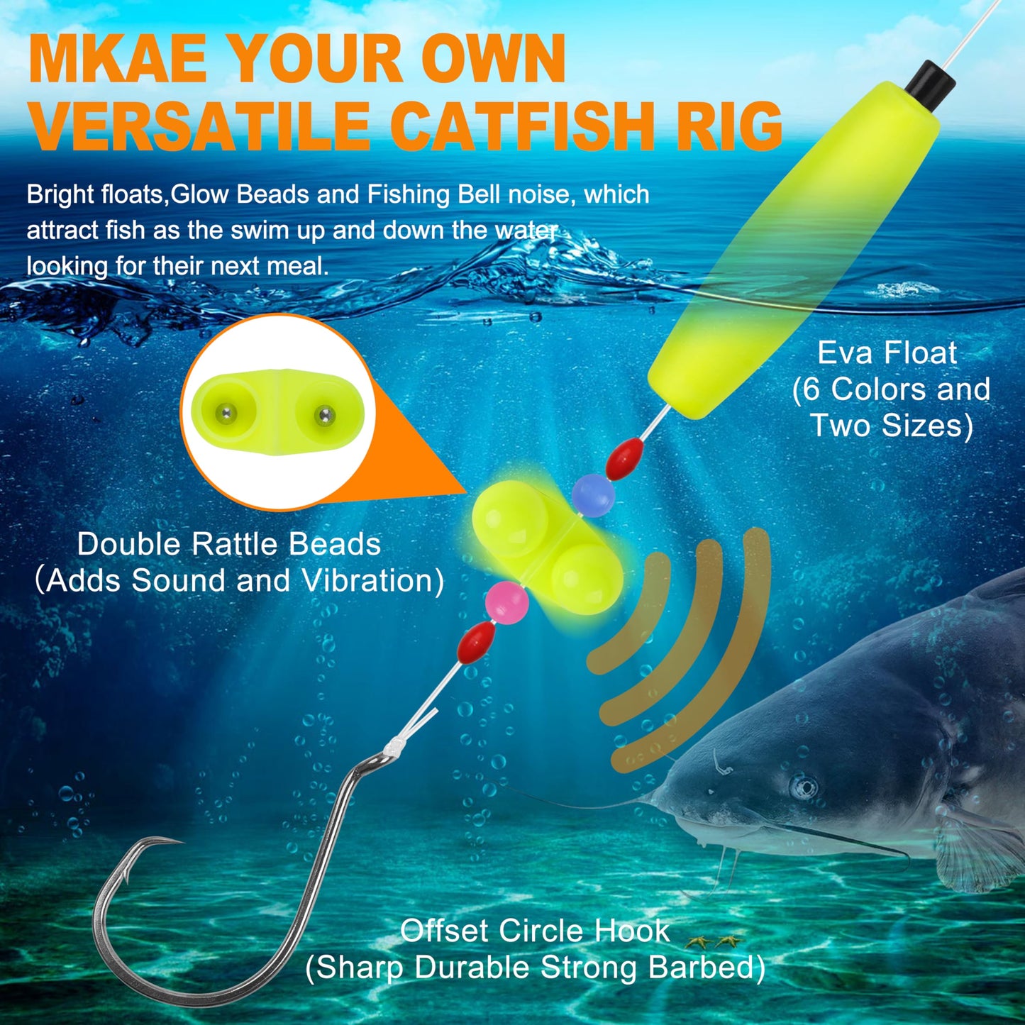 AGOOL Catfishing Tackle Making Kit Catfish Rig Accessories 124PCS Catfish Tackle with Catfish Floats Catfish Hooks Bobber Stoppers Swivels Fishing Rattle Bells Fishing Beads Santee Cooper Rig