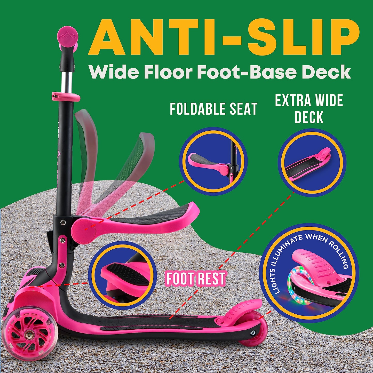 3 Wheel Scooter for Kids with Foldable Seat, Adjustable Handlebar Height, Lean-to-Steer Ride On Toy for Kids Ages 2+, Light-Up LED Wheels, Wide Anti Slip Deck, Indoor & Outdoor Use, Pink