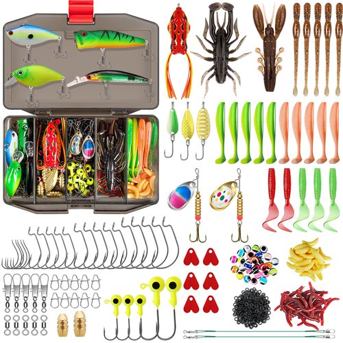 GOTOUR Fishing Lures Accessories Kit with Tackle Box, Fishing Hooks Minnow Crankbait Frog Popper Lure Worm Spoon Spinner Bait for Bass Crappie, Fishing Gear Freshwater Equipment Gifts for Men