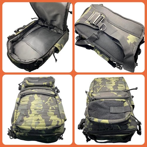 OVER GROUND Tactical Fishing Chest Sling Bags Bottle Holder & Key Ring Strap, Military Large Capacity Molle Camouflage Outdoor Backpack (Green Black Camo)