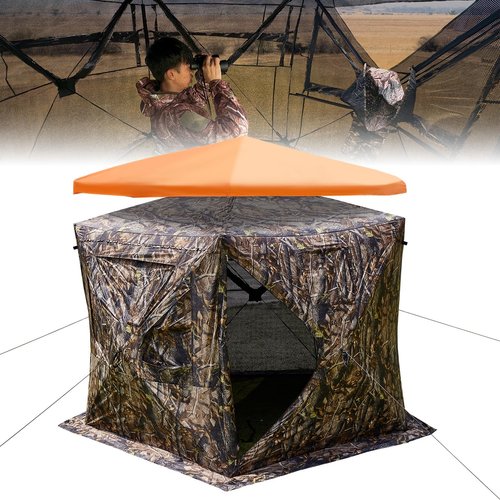 KEMIMOTO Hunting Blinds Ground for Turkey 3-4 Person, 270 Degree See Through with Removable Waterproof Rain Cover and Camouflage Straps, Pop Up Hunting Tent with Safety Reminder Markings (9ft Size)