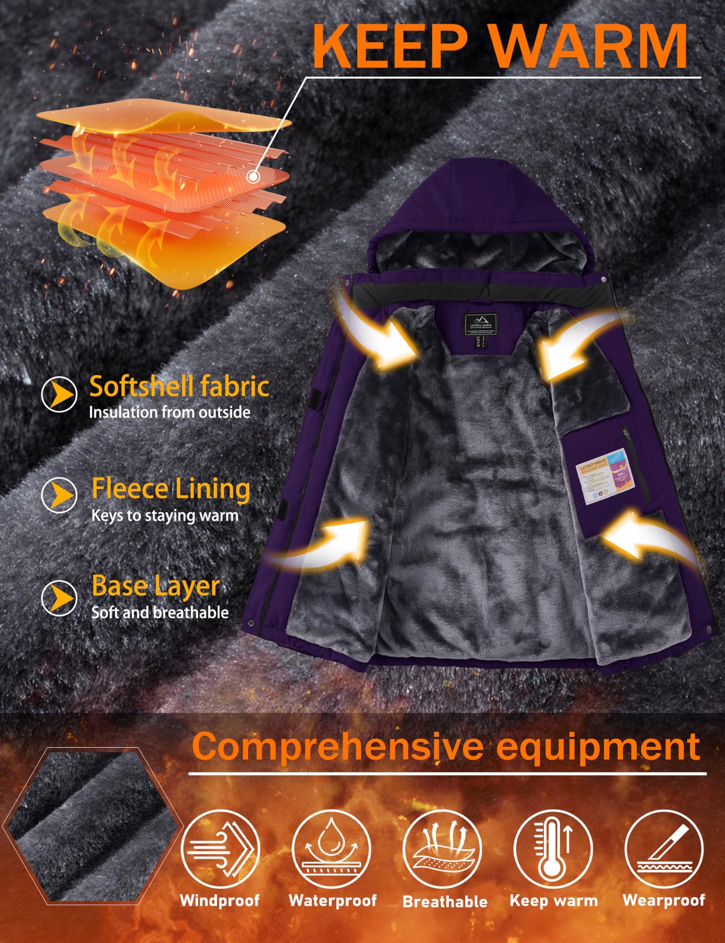 MAGCOMSEN Ski Coats for Women Winter Waterproof Warm Insulated Thermal Snowboarding Jacket Windproof Purple Raincoat XL