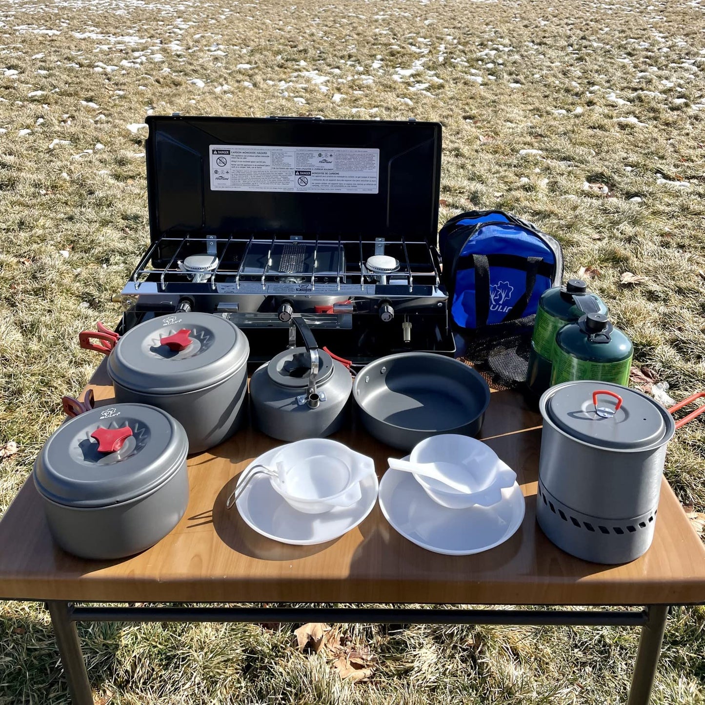 FineFlame Camping Stove 3 Burner 20400 BTU With Bulin 13 PCS Camp Cookware Set