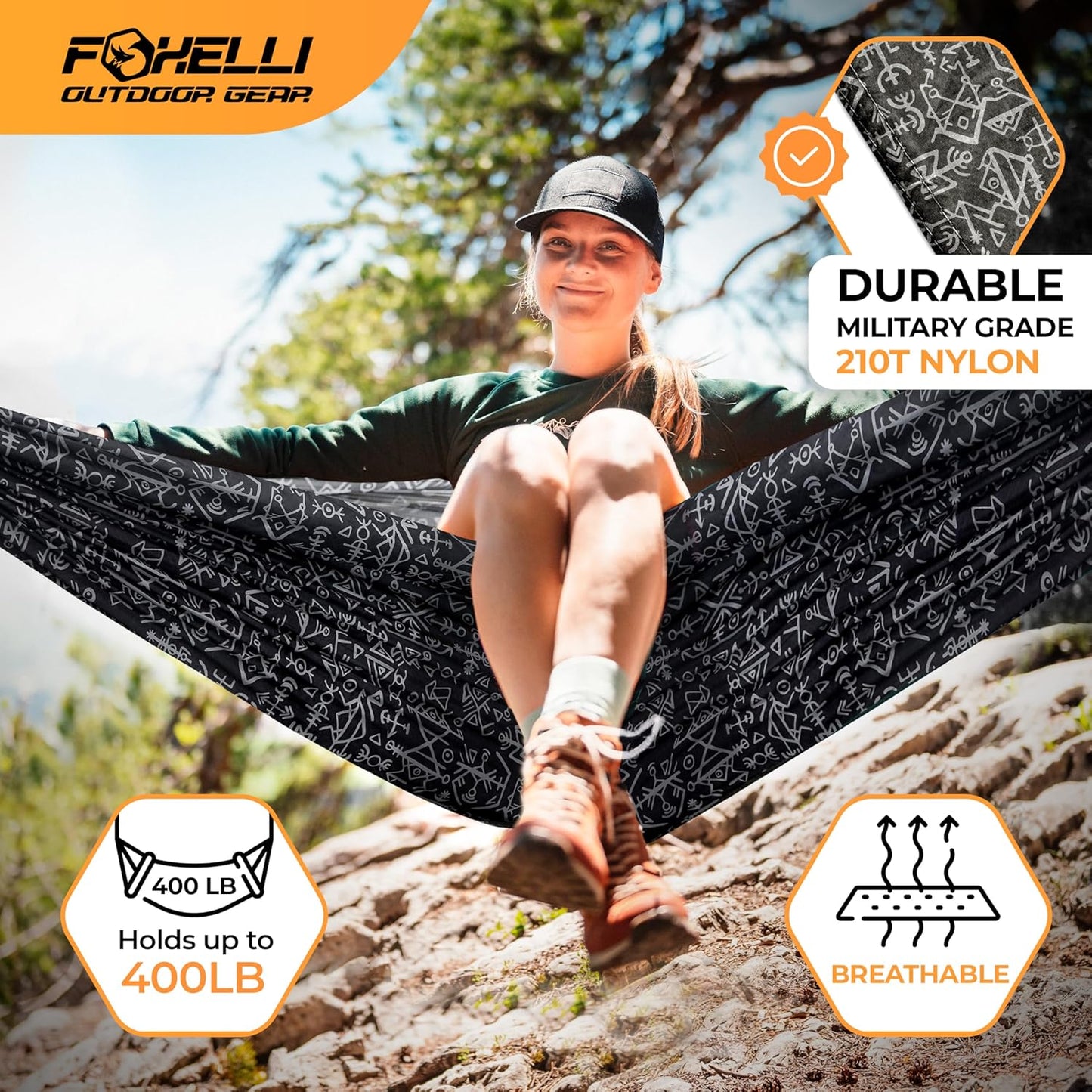 Foxelli Camping Hammock - Lightweight Portable Hammock, Easy Setup with Tree-Friendly Ropes & Steel Carabiners, Heavy Duty Parachute Nylon for Indoors and Outdoors