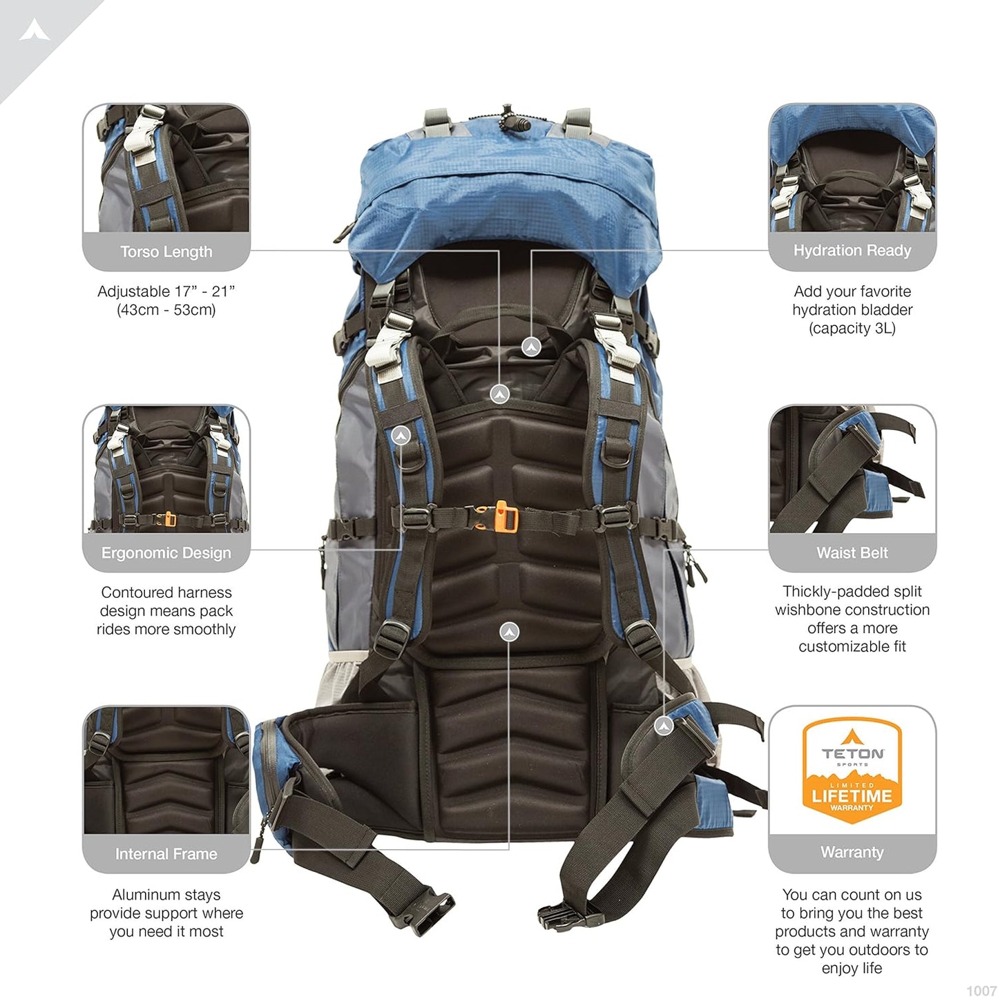 TETON Sports Hiker 3700 Ultralight Internal Frame High-Performance Backpack for Hiking, Camping, Travel, and Outdoor Activities; 60L, Navy