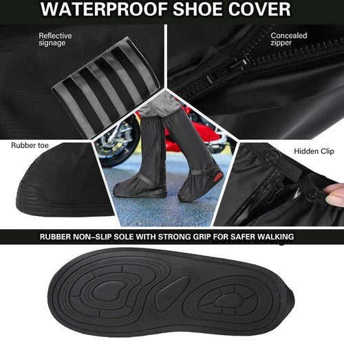 iCreek Waterproof Shoe Covers Reflective Rain Boot Foldable Non-Slip Protective Overshoes for Rainy Day, Hiking, Outdoor (Black, Medium)