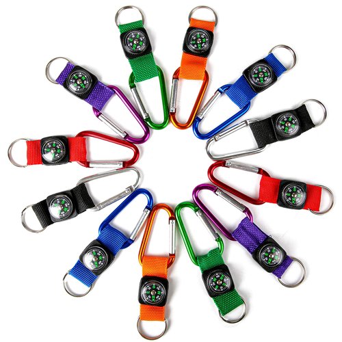 PROLOSO Colorful Carabiner Compass Keychain Belt Clips Kids Toys Prizes Outdoors Adventure Party Favors 36 Pcs