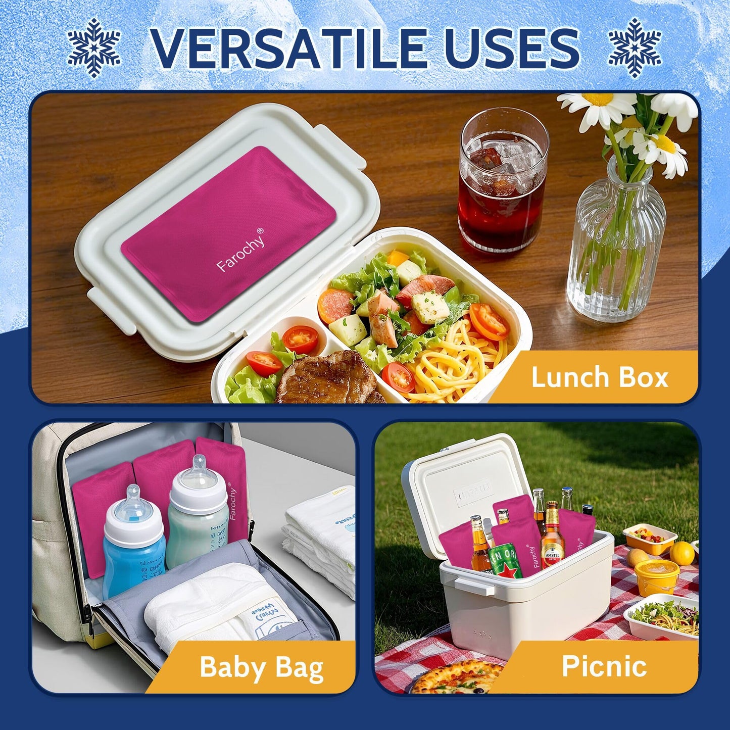 Farochy Reusable Ice Packs for Lunch Boxes - 2PCS Soft Ice Packs Freezer Packs for Cooler Gel Ice Packs, Keep Food Cold or Hot, Rosy