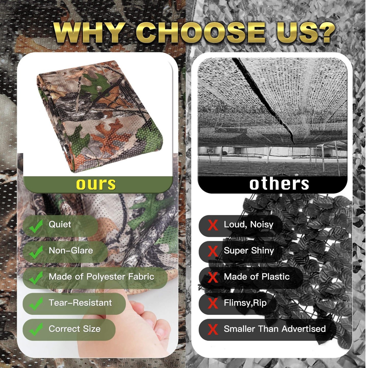 300D Camo Netting, Double-Sided Available Durable Camouflage Netting, Quiet Camo Mesh Netting, for Concealment, Hunting, Tree Stand, Shooting Blinds, Car Cover and Photography(Leaf & Dry Grass, 2Yd)